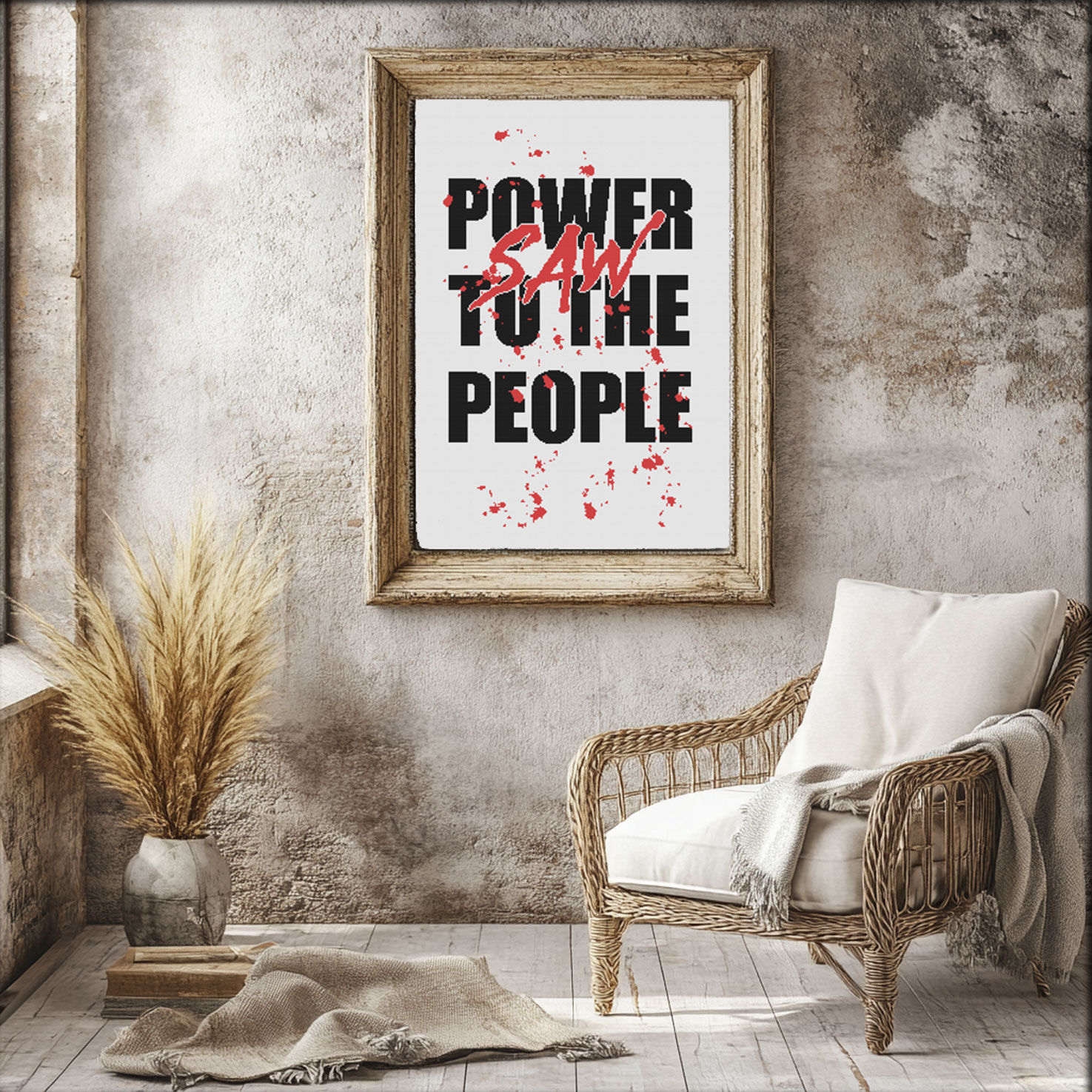 Power (saw) to the People dark humor crossstitch pattern PDF free